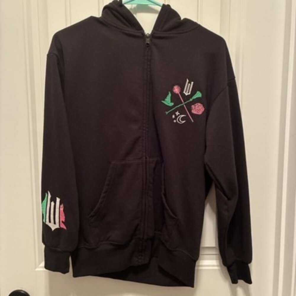 Wicked Movie Hoodie Fleece Sweatshirt Womens Hooded Embroidery Zip-Up Black Sz S